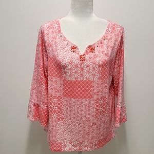 Heart of Palms Cotton Spandex Top Women's Size L Ruffled 3/4 Sleeves Coral Beads